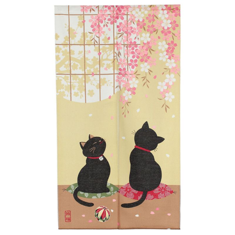 rideau noren japonais, polyester, 85 x 150 cm, 2 chats noirs, KURO NEKO