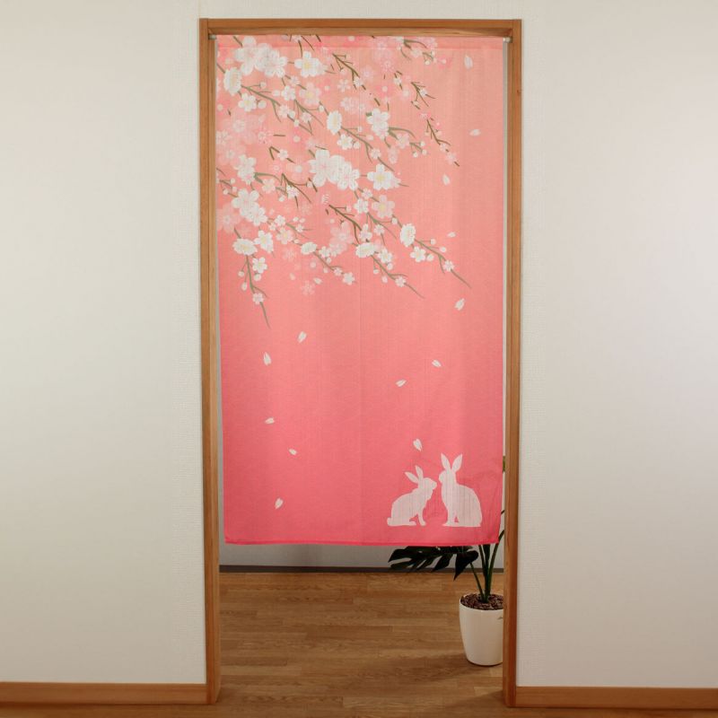 Cortina noren japonesa, rosa, poliéster, 85 x 150 cm, 2 conejos, USAGI PINKU