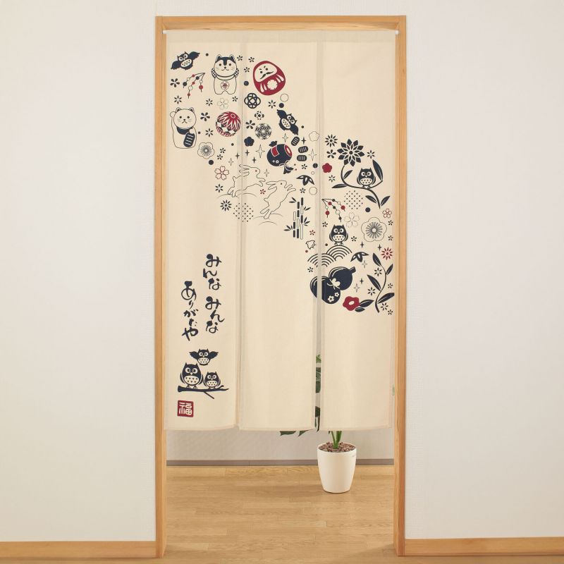 Japanese style curtain noren, 3 panels, thank you, Seseragi natural, 85 x 150 cm