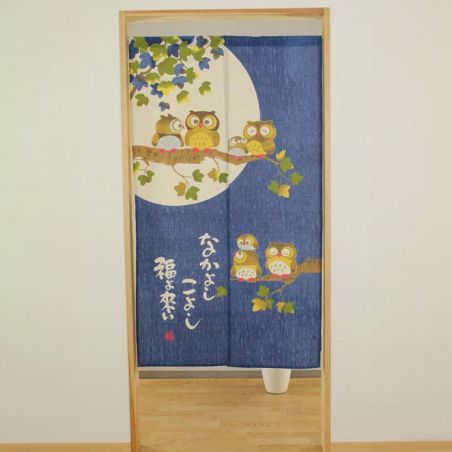 Japanese Noren Curtain, Blue, 85 x 150cm, Moon and Owl, TSUKI NO FURUKO