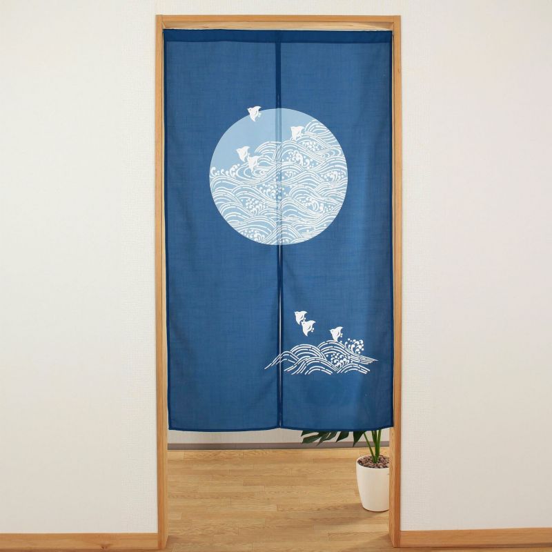 blauer japanischer Noren-Vorhang, Polyester, 85 x 150 cm, Wellen und Vögel, NAMI CHIDORI