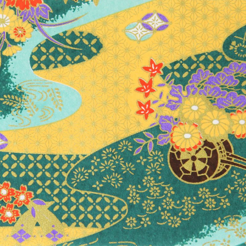 grande feuille papier japonais, YUZEN WASHI, vert et jaune, Carrosse de fleurs et brume précieuse