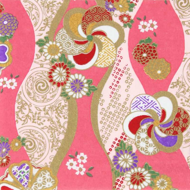 grande feuille papier japonais, YUZEN WASHI, rose, motif Tachiwaku et Hana Zasshi