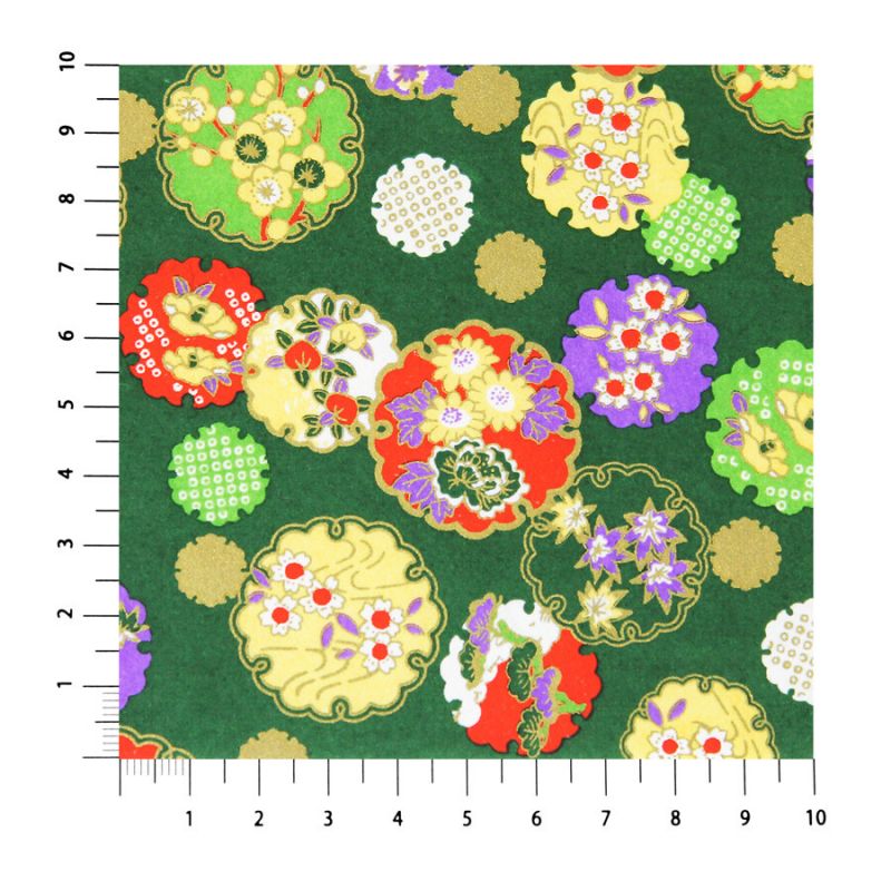 grande feuille papier japonais, YUZEN WASHI, vert, Quatre saisons de fleurs avec des motifs de flocons de neige