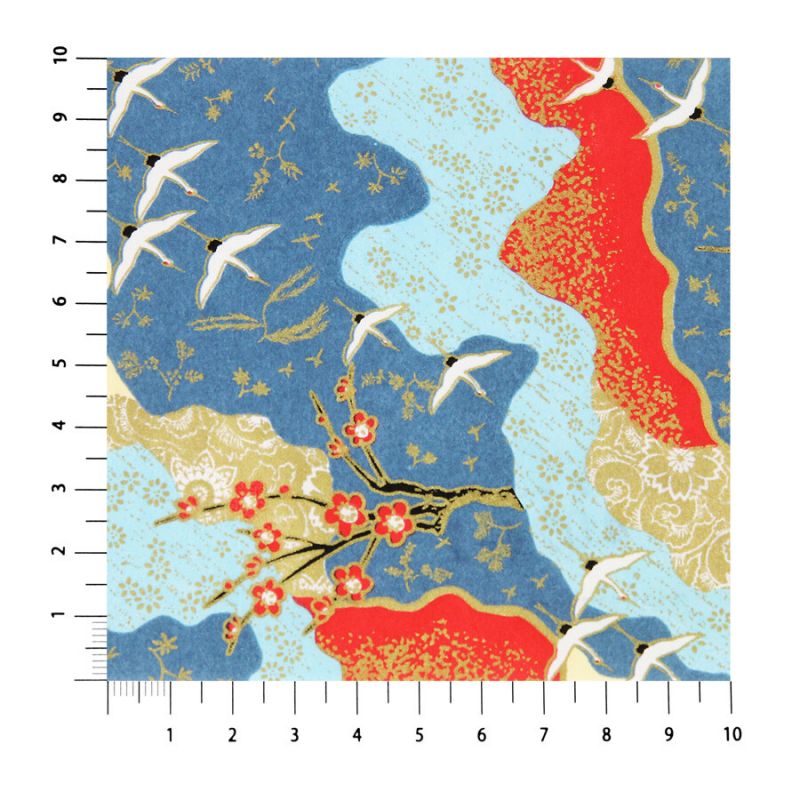 large sheet of Japanese paper, YUZEN WASHI, blue, crane and red and white plum blossom pattern