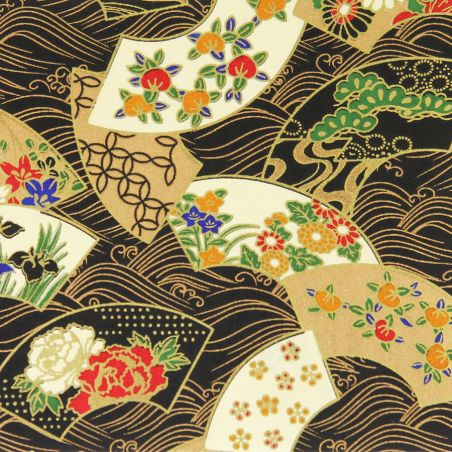 grande feuille papier japonais, YUZEN WASHI, noir, motif Fleur sur la vague, éventail des quatre saisons