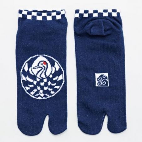 Chaussettes japonaises tabi, grue japonaise, Tsuru, bleu, 23-25 cm