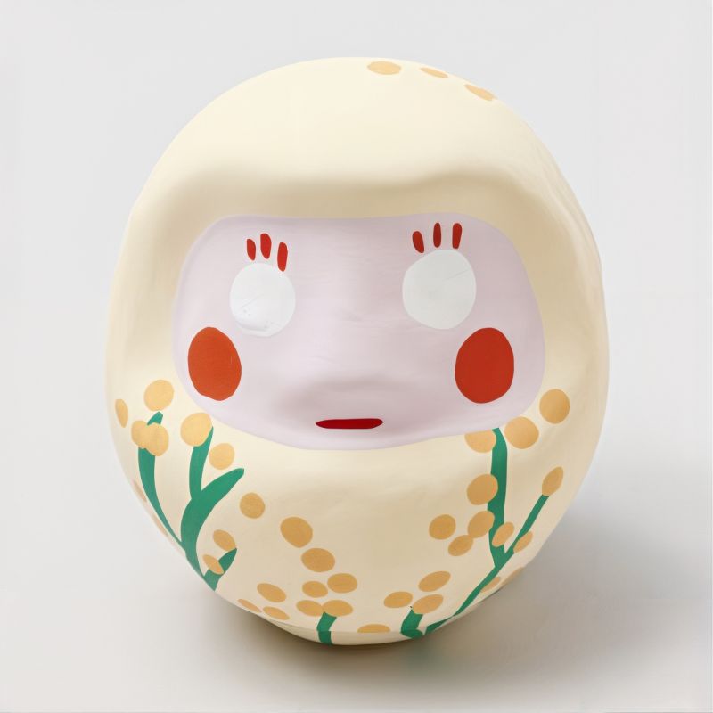 Muñeca japonesa, DARUMA, amarilla, mimosa “amistad”, gracias