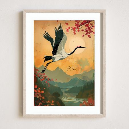 Japanische Illustration „Tsuru“, der Flug des japanischen Kranichs, von ダヴィッド