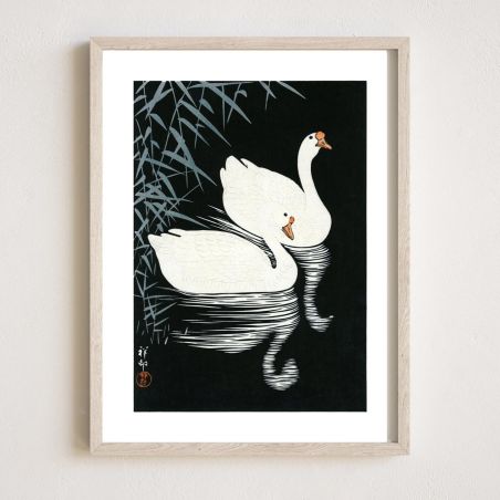 Japanese print, two geese swimming in the night, OHARA KOSON