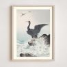 Japanischer Druck, Kormoran auf einem Felsen, OHARA KOSON