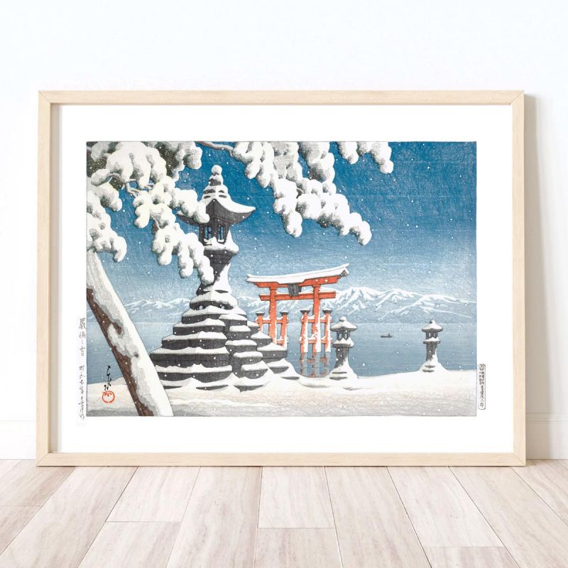 Reproducción impresa de Kawase Hasui, Snow in Itsukushima, Itsukushima no yuki