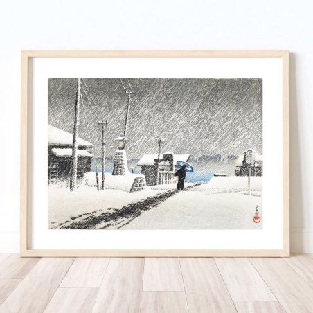 Reproduction d'estampe de Kawase Hasui, Neige à Tsukishima, Tsukishima no yuki