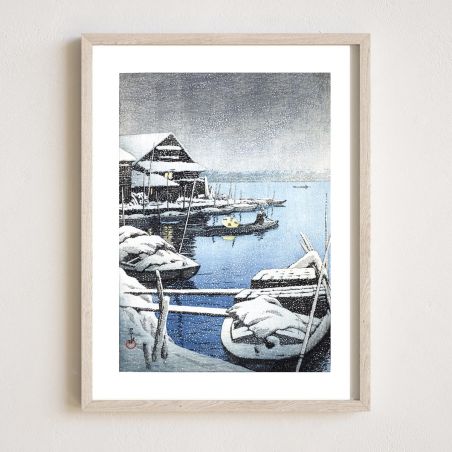 Print reproduction by Kawase Hasui, Snow at Mukojima, Yuki no mokojima