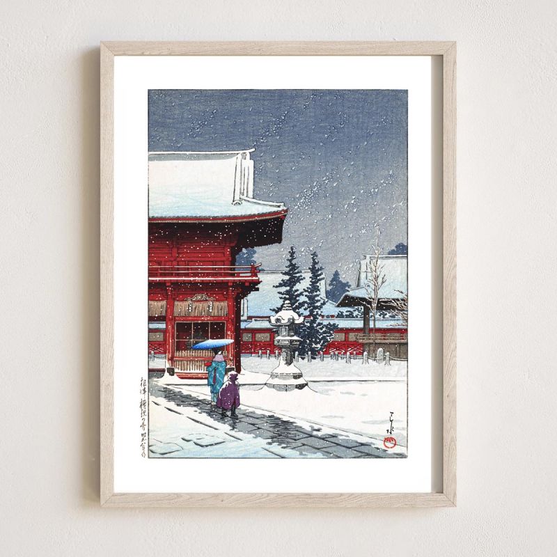 Riproduzione di stampe Kawase Hasui, neve al Santuario di Nezu-Gongen, Nezu-gongen no yuki