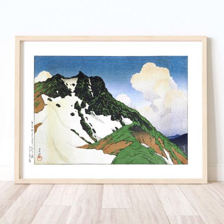 Reproduction d'estampe de Kawase Hasui, Le pic Asahi vu du mont Hakuba, Hakubasan yori mitaru Asahigadake