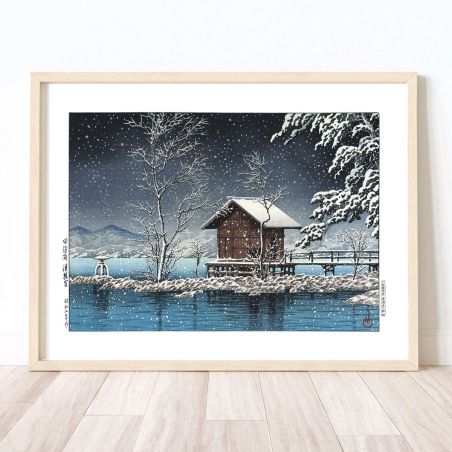 print reproduction of Kawase Hasui, Kansa Temple at Lake Tazawa, Tazawako Kansanomiya