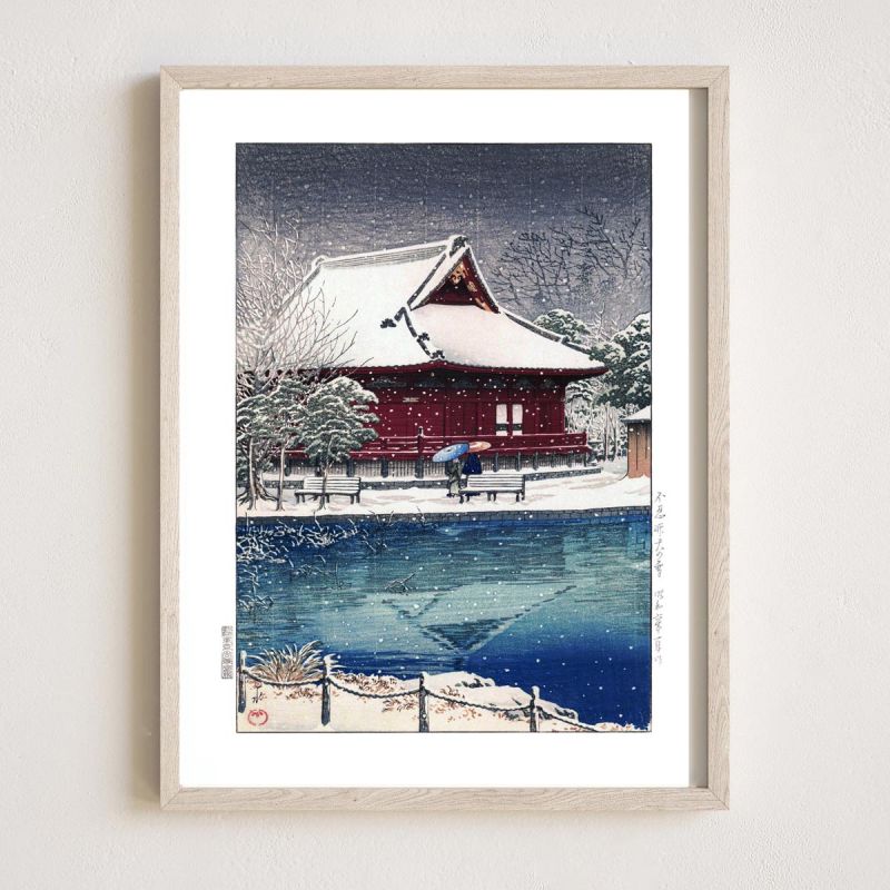 reproduccion impresa de Kawase Hasui, Nieve en el Santuario Shinobazu Benten, Fu Shinobu benten no yuki