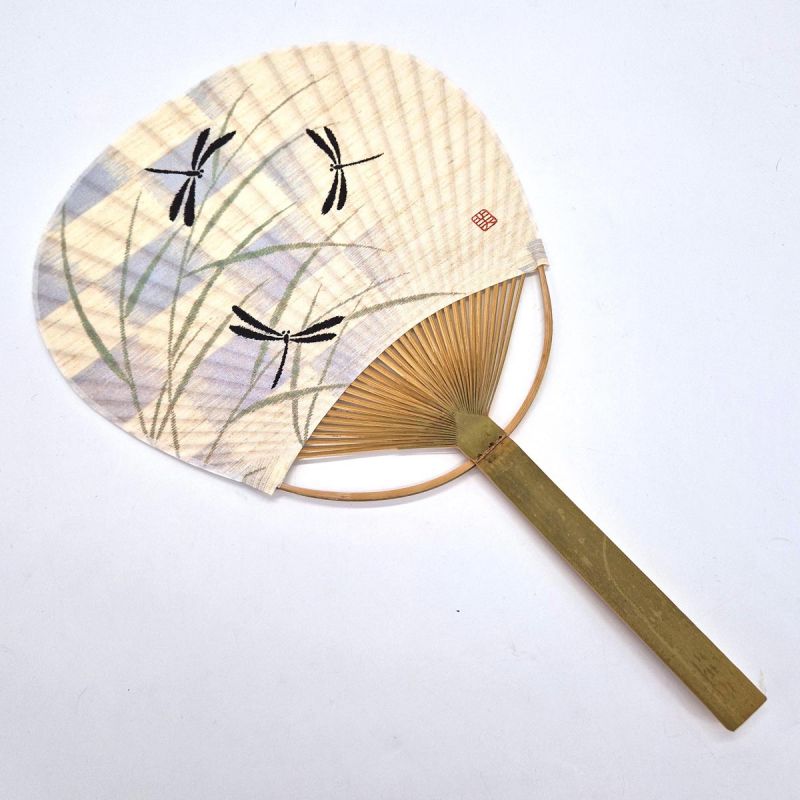 Japanese non-folding uchiwa fan in paper and bamboo with black Dragonfly pattern, TONBO NOWARU, 38x24.5 cm