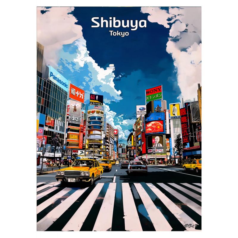 Japanese illustration of the Shibuya district in Tokyo, by ダヴィッド