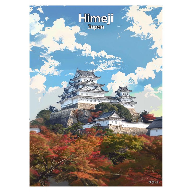 Illustrazione giapponese del Castello dell'Airone Bianco a Himeji, di ダヴィッド