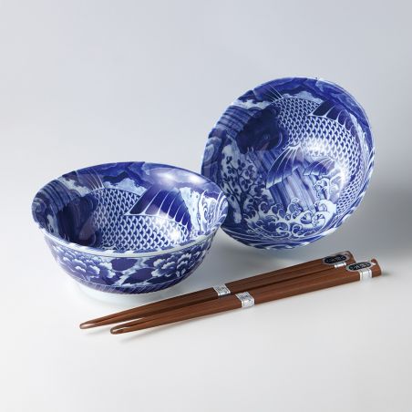 Set of 2 Japanese blue ceramic bowls - KOI