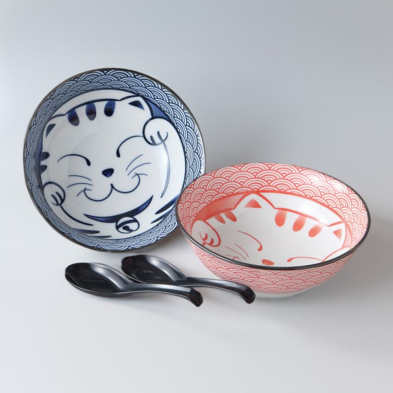 Set of 2 Japanese ceramic bowls pink and blue with spoon - NEKOTOSUPUN