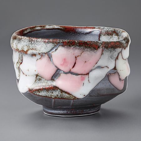 Japanische Teeschale für Zeremonie - chawan, SEIJI, grau weiß und rosa