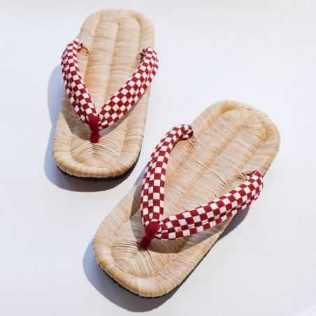 pair of Japanese zori sandals, NAGOMI, red and white checkerboard, Ishidatami