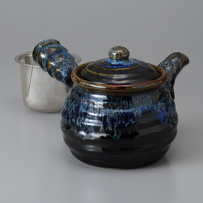 Teiera giapponese kyusu in ceramica blu, TENMOKU SEIRYU, 1200 cc