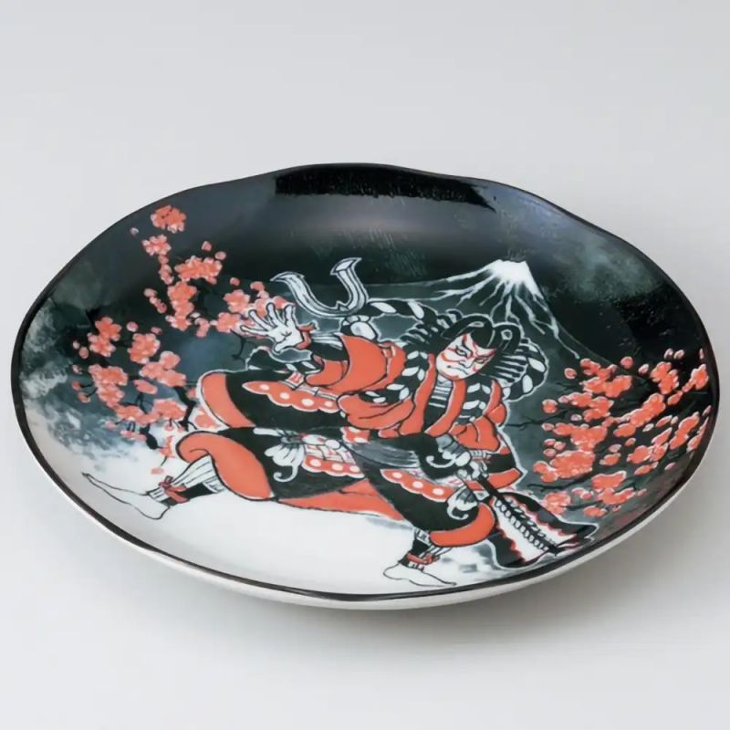 Assiette ronde japonaise en céramique, théâtre KABUKI, gris et rouge