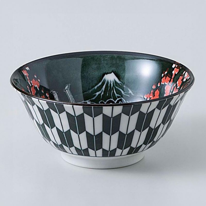 Japanese ceramic donburi bowl black white and red - KABUKI