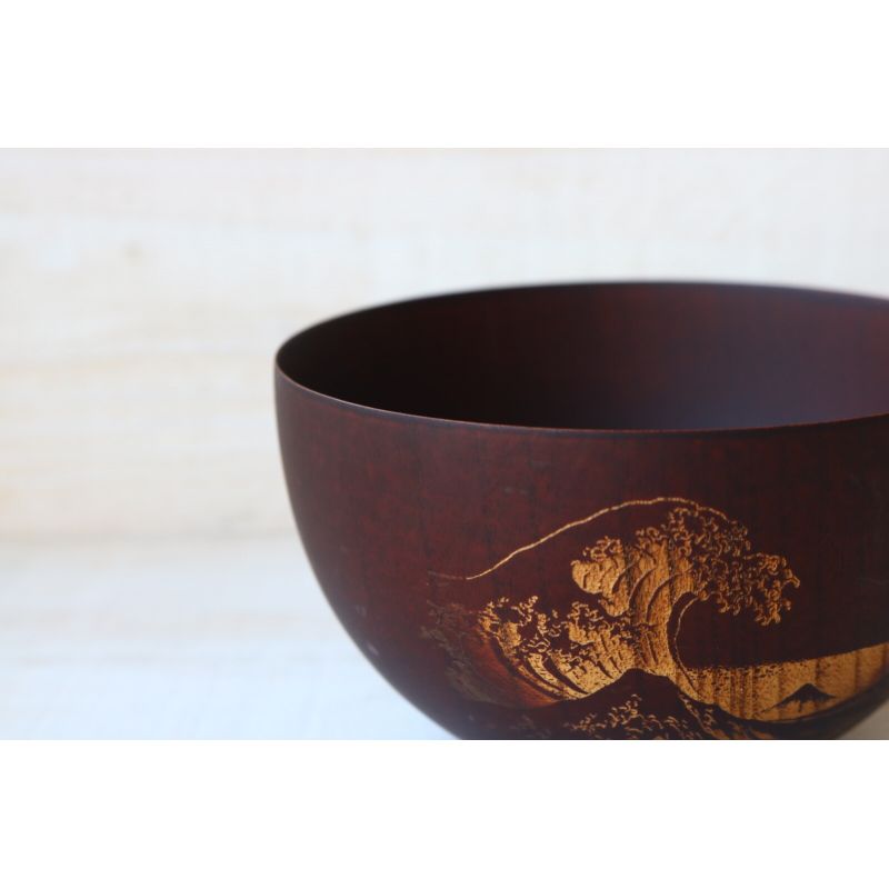 Japanese round rice bowl in dark natsume wood with wave pattern - NAMI