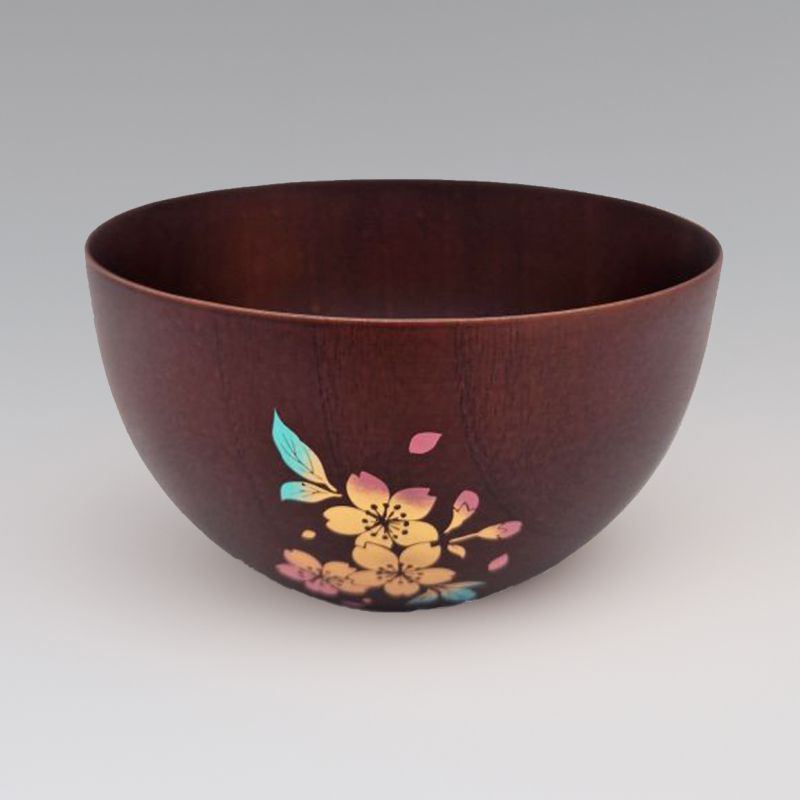 Japanese brown wooden bowl, cherry blossoms - SAKURA NO HANA