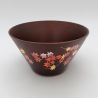 Japanese rice bowl in dark cedar wood with lacquered maple leaves pattern, NATSUME