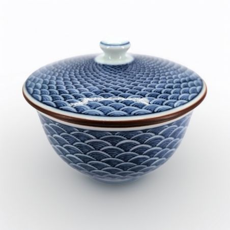 Japanese Chawanmushi tea bowl with lid, white and blue wave patterns, SEIGAIHA