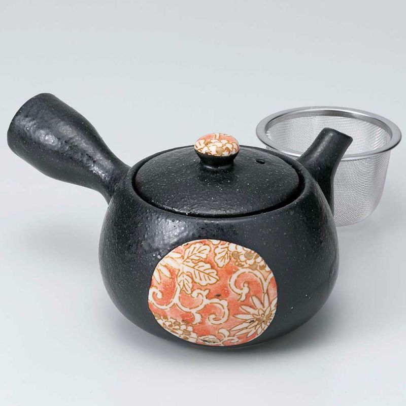 Théière kyusu japonaise en céramique avec filtre et intérieur émaillé, noir cercle fleuri - HANA NO WA