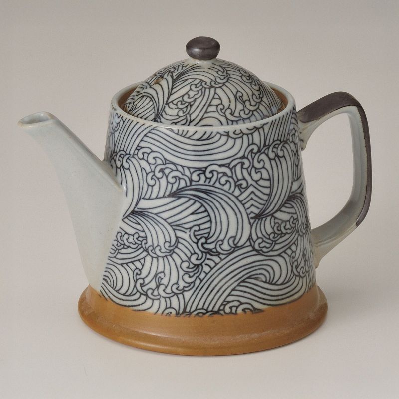 Japanese ceramic tea with handle, blue and gray - vagues NAMI, 450 cc