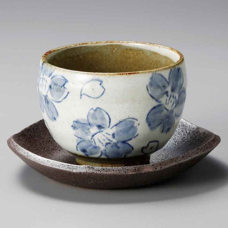 Japanese cup in white clay and blue flowers with saucer