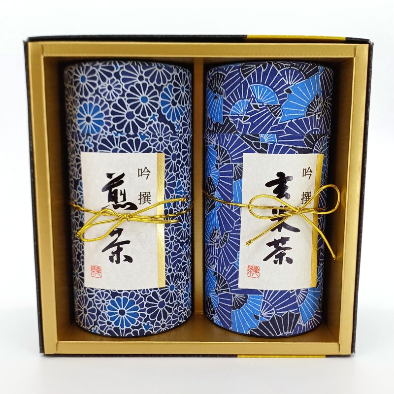 Duo aus blauen japanischen Teedosen, bedeckt mit Washi-Papier, AIZOME, 200 g