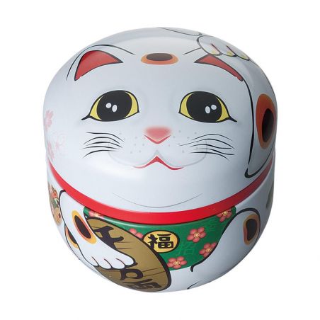 Japanese white metal tea caddy, MANEKINEKO, 150 g