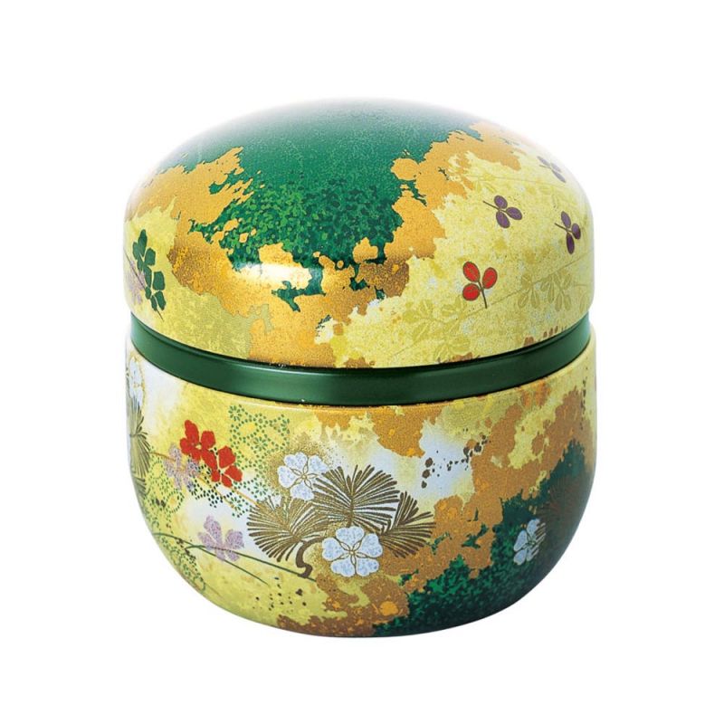 Japanese green metal tea caddy, SUZUKO HANAZOROE, 150 g