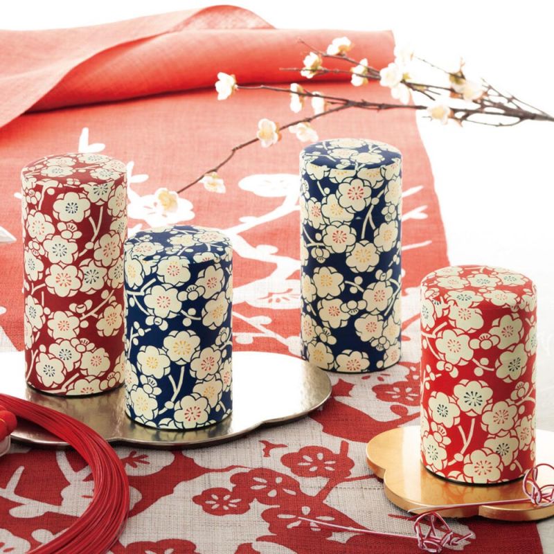 Japanese red tea canisters covered with washi paper, UMEROMAN, 200 g