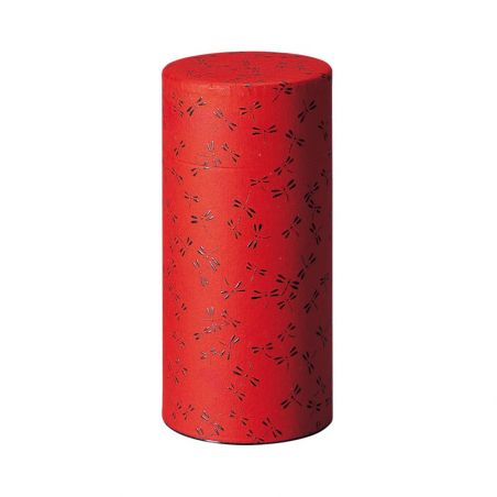 Japanese red dragonfly pattern tea caddy in metal, TOMBO, 150 g or 200 g