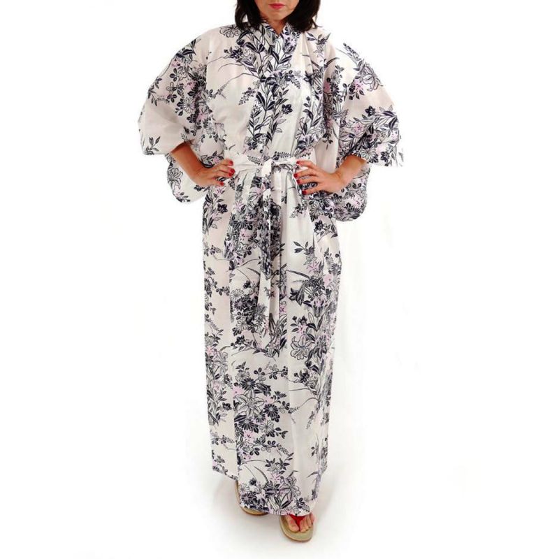 Japanese traditional white cotton yukata kimono with lily flower pattern for women, YUKATA YURI